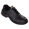 A black safety shoe with green stitching and laces, presented against a white background. Produktbild-Vorschau