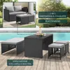 A garden furniture set with a sofa, table, and stools is shown next to a swimming pool. Produktbild-Vorschau
