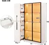 A diagram showing the dimensions of a white cabinet with glass doors and LED lighting. Produktbild-Vorschau