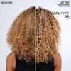 A split image showing a 'before' and 'after' comparison of curly hair treated with a hair product. Náhled obrázku produktu
