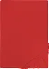 A red fitted sheet is shown laid flat, with the elasticized corner visible in the bottom right. Produktbild-Vorschau