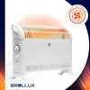 A white BROLLUX electric heater with glowing orange heating elements is shown against a white background with abstract colorful wavy lines on the sides. A circular graphic with fan blades and German text is in the upper right corner. Produktbild-Vorschau