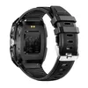 The back of a black smartwatch with a black strap is shown against a white background. Produktbild-Vorschau