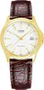 A close-up studio shot of a gold-colored Casio watch with a white face and a brown leather strap. Anteprima dell’immagine prodotto