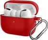A red silicone case for Apple AirPods Pro 2 with a silver carabiner attached. Produktbild-Vorschau