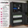 A black metal filing cabinet with its doors open, displaying folders and other office supplies. Text on the left highlights the cabinet's features. Náhled obrázku produktu