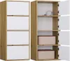 A two-part image showing a tall, narrow cabinet with white doors and a wood-tone frame. The left side shows the cabinet closed with four white doors. The right side shows the cabinet open, revealing shelves with a hat on the top shelf and two fabric storag Náhled obrázku produktu