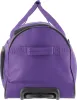 A close-up view of the bottom and side of a purple rolling travel bag. Voir les images du produit