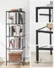 A collage of images showing a black metal shelf unit with glass shelves, displaying books, headphones, and decorative items. Close-up shots highlight the shelf construction and adjustable feet. Voir les images du produit