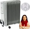 A white oil-filled radiator is shown next to a woman wearing a red scarf. Podgląd zdjęcia produktu