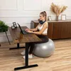 A woman is working at a standing desk while sitting on an exercise ball. The desk is brown with black legs. The woman is wearing headphones and a white top. There is a plant on the left side of the desk and a cabinet with decorative items on the right. Náhled obrázku produktu