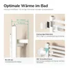 Marketing image showing features of a white bathroom radiator. Produktbild-Vorschau