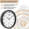 A wall clock is shown with text describing its features, set against a background with concentric circles and a faint map of Europe. Produktbild-Vorschau