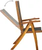 A wooden deck chair with a gray fabric seat and backrest, shown from the side with the backrest reclined. An arrow indicates the movement of the backrest. Podgląd zdjęcia produktu