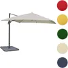 A cantilever umbrella with a beige canopy and a dark gray pole and base, shown against a white background. Several colored circles representing fabric swatches are displayed to the right of the umbrella. Produktbild-Vorschau