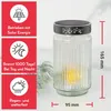 A solar-powered LED grave light made of glass, with descriptive text and dimensions shown. Produktbild-Vorschau