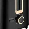 Close-up of a black toaster with gold accents, showing the control dial and cancel button. Produktbild-Vorschau