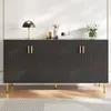 A dark gray sideboard with gold accents is displayed in a well-lit room.