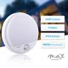 A white LED outdoor wall light with a motion sensor is shown in the foreground, with a blurred house in the background. Text boxes with product specifications are to the right of the light. Produktbild-Vorschau