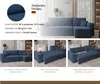 A collage of images showcasing a blue sectional sofa, its features, and material. Produktbild-Vorschau