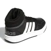 A black Adidas Hoops Mid 30 K sneaker with white stripes and a white sole, shown from the side and back. Produktbild-Vorschau
