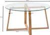 A round glass coffee table with a wooden base, shown with dimensions indicated. Náhľad obrázku produktu