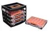 A set of stackable storage organizers with clear lids and orange trays, alongside one organizer box. Produktbild-Vorschau