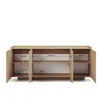 A light wood sideboard with its doors open, revealing shelves and dimensions. Produktbild-Vorschau