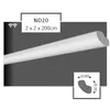 A white decorative molding profile against a dark gray background, with a close-up inset showing dimensions. Produktbild-Vorschau