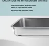 A close-up view of a stainless steel litter box with text describing its features and target users. Produktbild-Vorschau