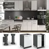 A modern kitchen setup with white high-gloss cabinets and anthracite accents, featuring integrated appliances and a sleek backsplash. Below the main kitchen scene, there are separate images of kitchen cabinet legs and a base cabinet. Anteprima dell’immagine prodotto