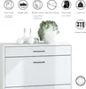 A white shoe cabinet with decorative items and plants on top, surrounded by feature icons and text. Produktbild-Vorschau