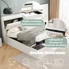 A white upholstered bed with storage compartments and a hydraulic lift mechanism, shown with illustrative overlays highlighting features and storage space. Anteprima dell’immagine prodotto
