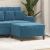 A close-up view of a blue velvet ottoman and part of a blue velvet sofa, placed on a cream-colored rug. A large green plant and a cream-colored curtain are visible in the background. Anteprima dell’immagine prodotto