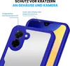A close-up view of a blue phone case with a transparent back, showing the camera module and the phone's screen. Produktbild-Vorschau