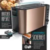 A collage of a copper-colored toaster and some rolls, highlighting product features and safety information. Náhled obrázku produktu