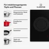 A split image showing different types of cookware suitable for induction hobs on the left, and a close-up of an induction hob on the right. Produktbild-Vorschau