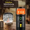A portable espresso machine is shown with text overlays highlighting its features, next to coffee beans and a cup. Produktbild-Vorschau