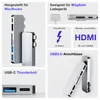 Collage of product images and feature callouts for a MacBook USB-C hub. Produktbild-Vorschau