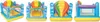 Four different views of an inflatable trampoline with a rainbow and hot air balloon theme. Voir les images du produit