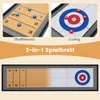 A collage showing two close-up views of a 2-in-1 shuffleboard and curling game board, with a larger view of the full game board at the bottom. Produktbild-Vorschau