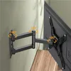 A black TV wall mount is shown attached to a wall, with a TV attached to the mount. Arrows indicate the swivel and rotation capabilities of the mount. Produktbild-Vorschau