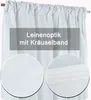 A close-up view of white curtains hanging from a rod, with two magnified circular insets showing fabric texture and the curtain heading. Produktbild-Vorschau