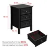 A black nightstand with dimensions and load capacity information, and an open drawer with its dimensions. Produktbild-Vorschau