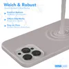 A close-up of a pink silicone phone case with a liquid-like substance being poured onto it, creating ripples. Text overlays describe the features of the case. Produktbild-Vorschau