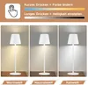 A collage of images showing a white cordless LED table lamp with different light settings and color temperatures, along with instructional text about its features. Náhľad obrázku produktu
