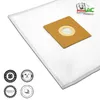 A white vacuum cleaner bag with a brown cardboard collar and a circular opening. Produktbild-Vorschau