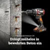 A cordless hammer drill is shown drilling into a concrete pillar with rebar, with text describing its capabilities. Produktbild-Vorschau