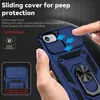 A hand holding a blue phone case with a ring stand and a sliding camera cover. Produktbild-Vorschau