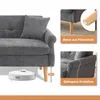 A close-up view of a gray sofa with inset images highlighting its wooden legs and curved armrests, along with a robotic vacuum cleaner underneath. Produktbild-Vorschau